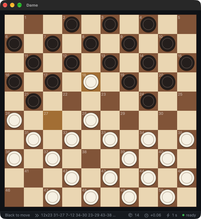 Dame.app in the middle of a game: White's last move to 18 is highlighted, Black is to move, and the status bar shows the expected line behind the fast-forward icon, the search depth, the score, the time per move and the engine's state.